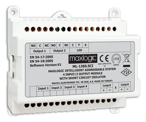 Mavili ML-1373.SCI Akıllı Adresli 2/1 Giriş/Çıkış (I/O) Modülü, 2 Bölge İzleme, 1 Siren Çıkışı, Kısa Devre İzolatörlü