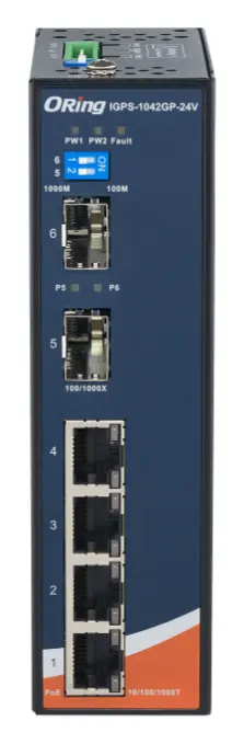 ORing IGPS-1042GP-24V 4GE PoE + 2G SFP Ethernet Switch, IEEE 802.3af/at, 24VDC Endüstriyel Yönetilemez PoE Switch — görsel 2