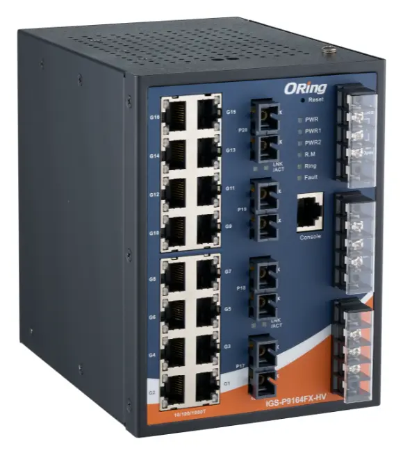 ORing IGS-P9164FX-SS-SC-HV IEC 61850-3 Yönetilebilir Ethernet Switch ve 16GE + 4 SC Single-mode, Dual AC/DC IEC 61850-3 Trafo Merkezi Switch