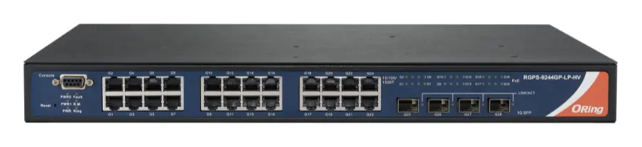 ORing RGPS-9244GP-LP-HV 28 Port Gigabit PoE Switch ve 24x 10/100/1000Base-T(X) P.S.E. ve 4x 1G Base-X SFP+ socket Endüstriyel Yönetilebilir PoE Switch — görsel 2