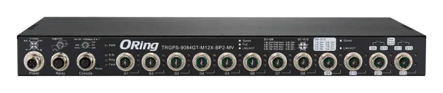 ORing TRGPS-9084GT-M12X-BP2-MV EN50155 Yönetilebilir PoE Switch ve 8GE PoE ve 4GE Bypass, M12 konnektör EN50155 Demiryolu PoE Switch — görsel 2