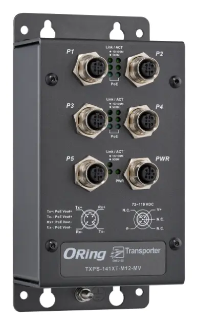ORing TXPS-141XT-M12-MV EN50155 Yönetilemez PoE Switch ve 4x 10/100/500Base-T(X) PoE ve 1x 10/100/500Base-T(X) EN50155 Demiryolu PoE Switch