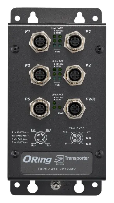ORing TXPS-141XT-M12-MV EN50155 Yönetilemez PoE Switch ve 4x 10/100/500Base-T(X) PoE ve 1x 10/100/500Base-T(X) EN50155 Demiryolu PoE Switch — görsel 2