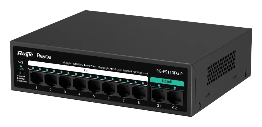 Reyee RG-ES110FG-P 8 Port Fast Ethernet PoE 2×Gigabit Yönetilemez Switch görsel 3