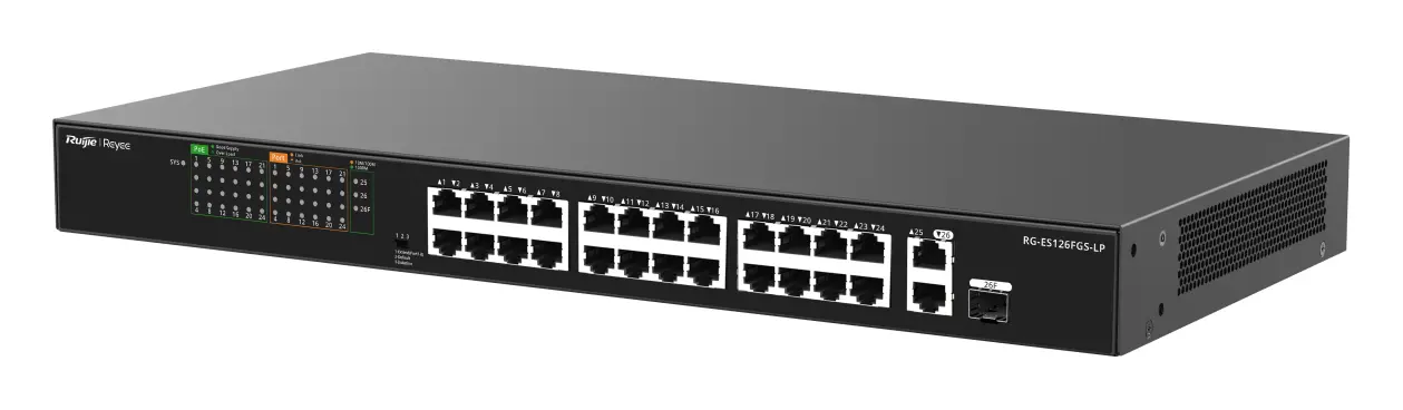 Reyee RG-ES126FGS-LP 24 Port Fast Ethernet PoE 2×Gigabit Yönetilemez Switch — görsel 2