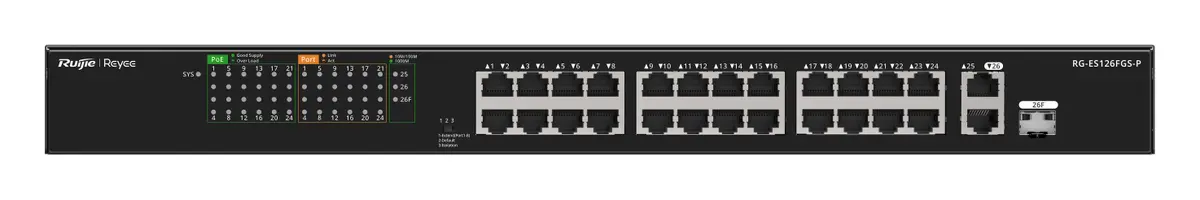 Reyee RG-ES126FGS-P 24 Port Fast Ethernet PoE 2×Gigabit Yönetilemez Switch