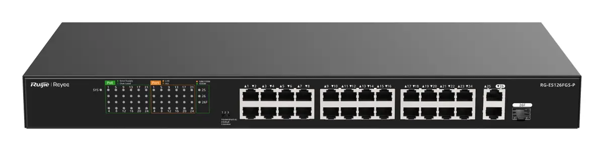 Reyee RG-ES126FGS-P 24 Port Fast Ethernet PoE 2×Gigabit Yönetilemez Switch — görsel 4
